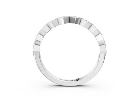 Platinum Milgrain Diamond Geometric Stackable Band with Round Cut Stones and Bezel Setting