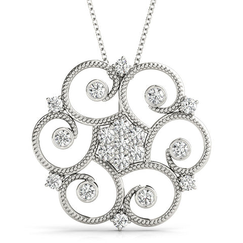 Silver Milgrain Diamond Round Swirl Pendant with Prong Setting