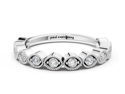 White gold Milgrain Marquise Diamond Eternity Band with Bezel Setting