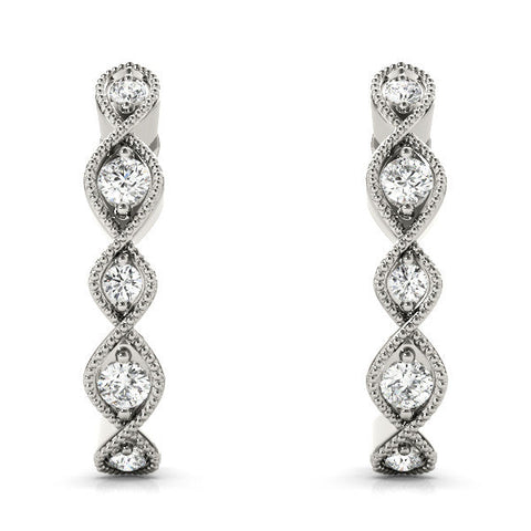 Silver Milgrain Marquise Diamond Hoop Earrings with Bezel Setting