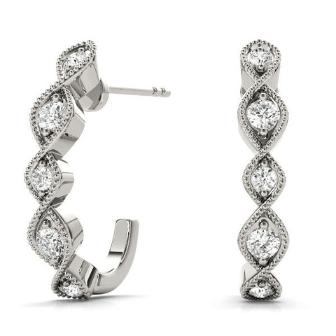 Silver Milgrain Marquise Diamond Hoop Earrings with Bezel Setting
