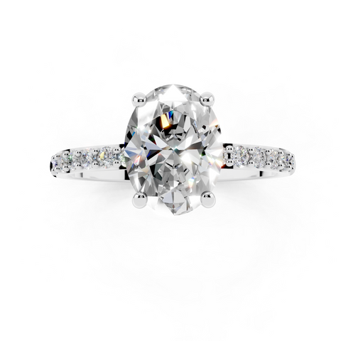 White gold Round Cut Diamond Pavé Band Solitaire Ring with Four-Prong Setting
