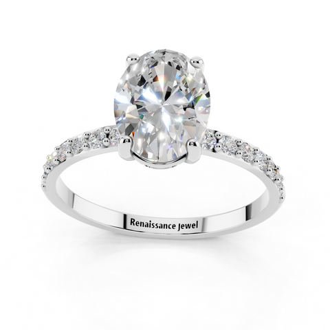 Platinum Round Cut Diamond Pavé Band Solitaire Ring with Four-Prong Setting