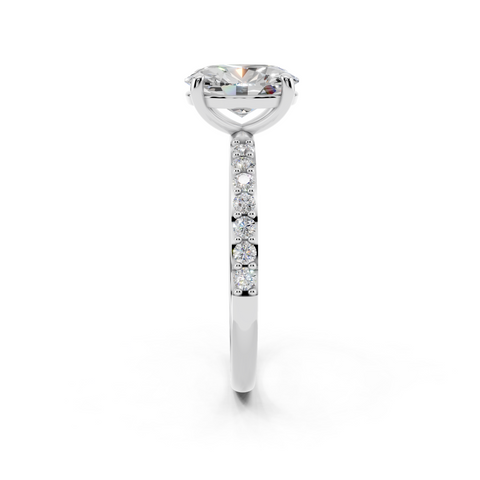 White gold Round Cut Diamond Pavé Band Solitaire Ring with Four-Prong Setting