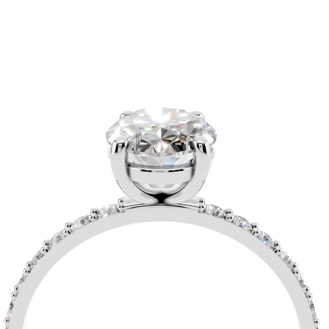 Silver Radiant Cut Diamond Pavé Band Solitaire Ring with Four-Prong Setting