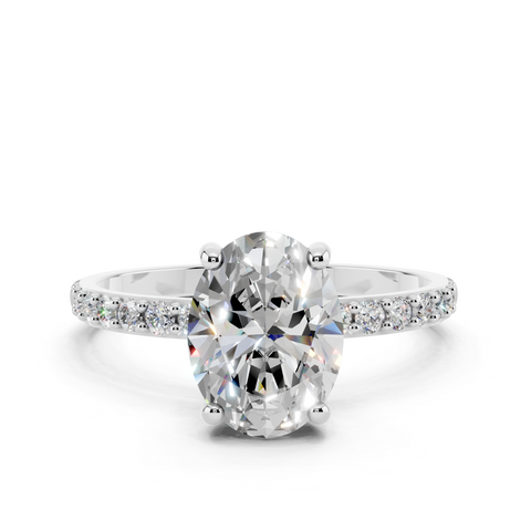 White gold Round Cut Diamond Pavé Band Solitaire Ring with Four-Prong Setting