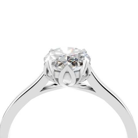 White gold Oval Cut Solitaire Diamond Ring with Flower-Prong Setting and Classic Band