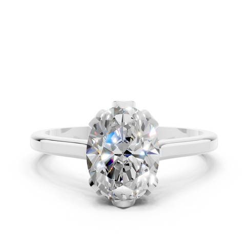 White gold Oval Cut Solitaire Diamond Ring with Flower-Prong Setting and Classic Band