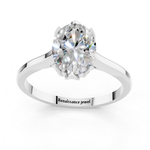 Platinum Oval Cut Solitaire Diamond Ring with Flower-Prong Setting and Classic Band