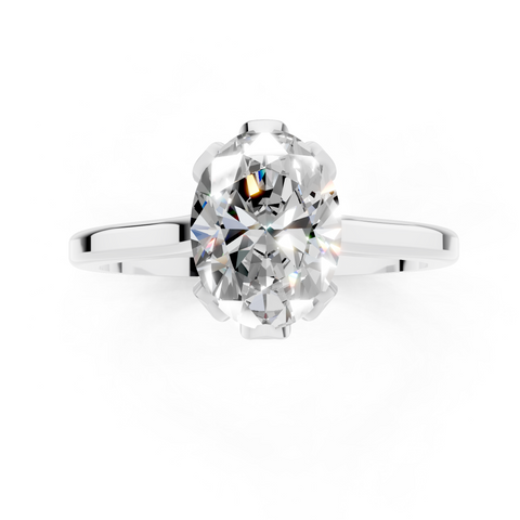 Platinum Oval Cut Solitaire Diamond Ring with Flower-Prong Setting and Classic Band