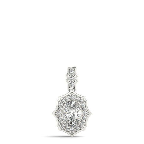 Silver Oval Diamond Halo Pendant with Milgrain Prong Setting