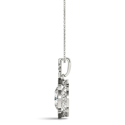 Silver Oval Diamond Halo Pendant with Milgrain Prong Setting