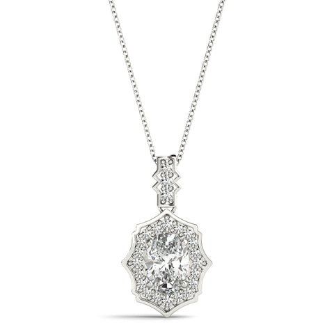 Silver Oval Diamond Halo Pendant with Milgrain Prong Setting