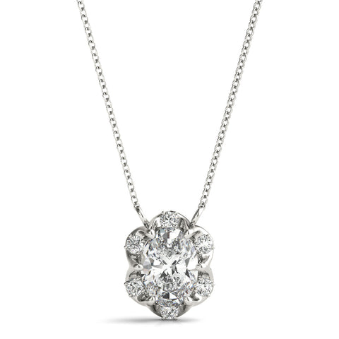 Silver Oval Diamond Halo Pendant with Prong Setting