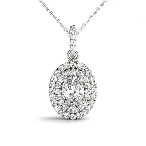 Silver Oval Double Halo Diamond Pendant with Prong Setting