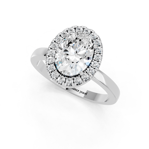 White gold Oval Halo Diamond Solitaire with Pavé Band and Four-Prong Setting