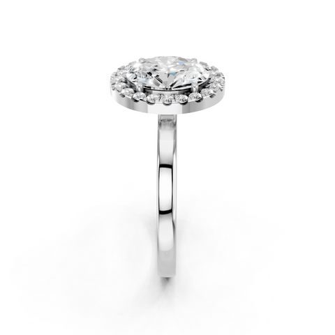 White gold Oval Halo Diamond Solitaire with Pavé Band and Four-Prong Setting