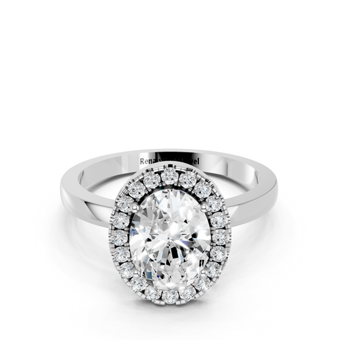 Platinum Oval Halo Diamond Solitaire with Pavé Band and Four-Prong Setting