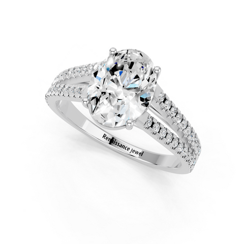 Silver Oval Solitaire Split Shank Pavé Diamond Engagement Ring