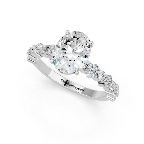 White gold Oval Solitaire with Side Stones, Pave Band, Four-Prong Setting