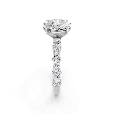 Platinum Oval Solitaire with Side Stones, Pave Band, Four-Prong Setting