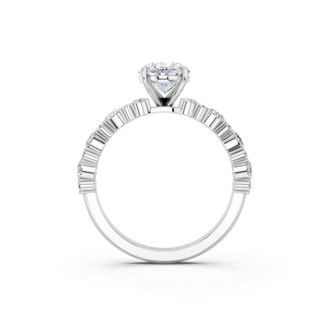 White gold Oval Solitaire with Side Stones, Pave Band, Four-Prong Setting