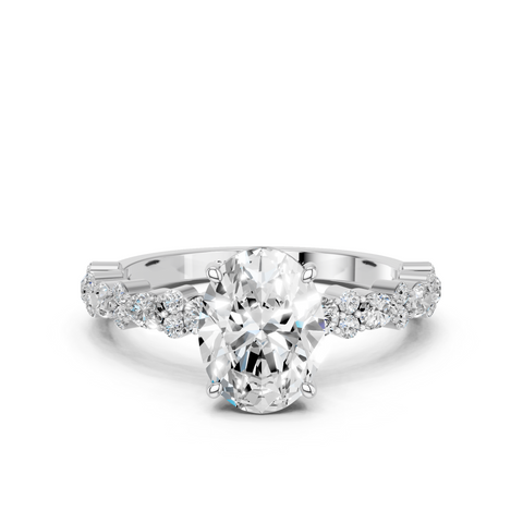 Platinum Oval Solitaire with Side Stones, Pave Band, Four-Prong Setting