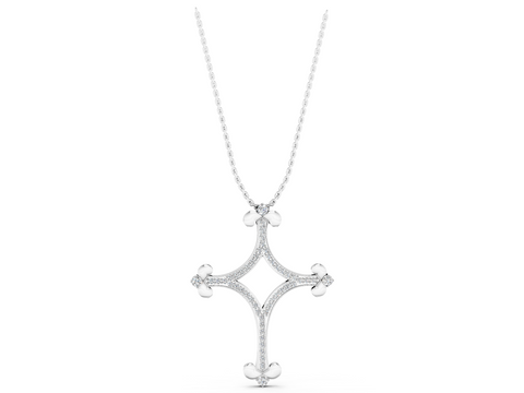 White gold Pavé Diamond Cushion Cross Pendant with Fleur-de-Lis Prongs