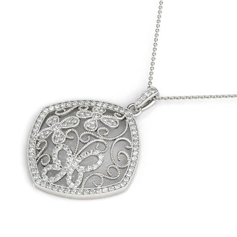 Silver Pavé Diamond Floral Filigree Pendant