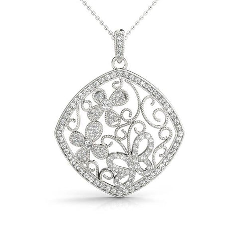 Silver Pavé Diamond Floral Filigree Pendant