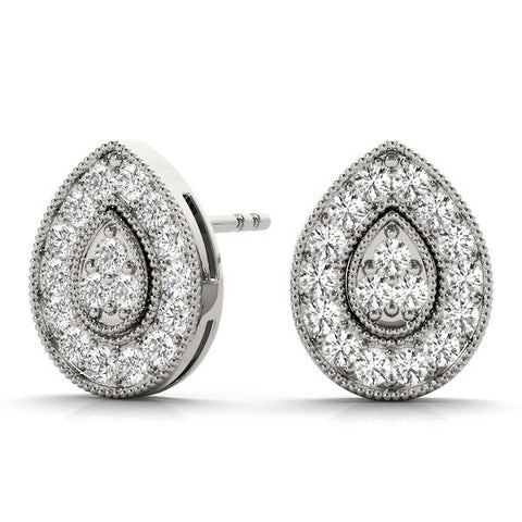 Silver Pavé Pear-Shaped Halo Stud Earrings with Milgrain Detailing