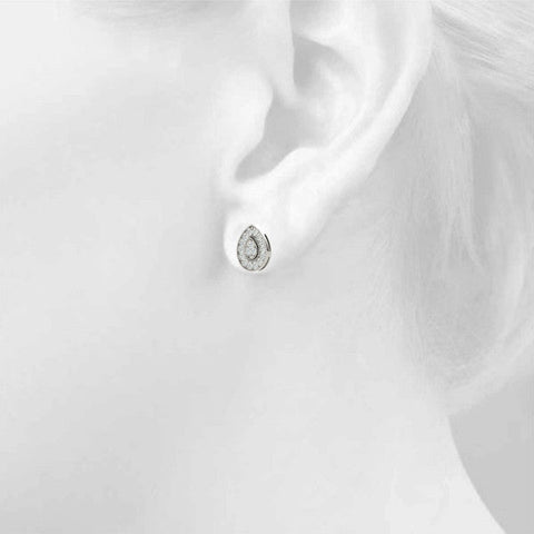 Silver Pavé Pear-Shaped Halo Stud Earrings with Milgrain Detailing