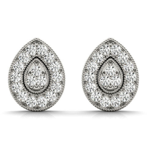 Silver Pavé Pear-Shaped Halo Stud Earrings with Milgrain Detailing