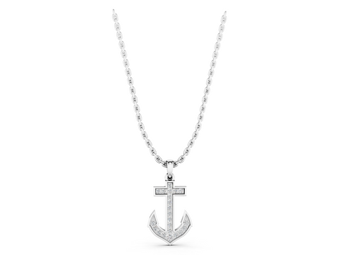 White gold Pavé Round Diamond Anchor Pendant with Four-Prong Setting