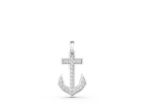 White gold Pavé Round Diamond Anchor Pendant with Four-Prong Setting
