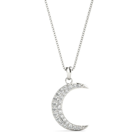 Silver Pavé Round Diamond Crescent Pendant with Four-Prong Setting