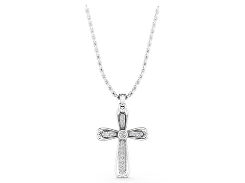 White gold Pavé Round Diamond Cross Pendant with Bezel Setting