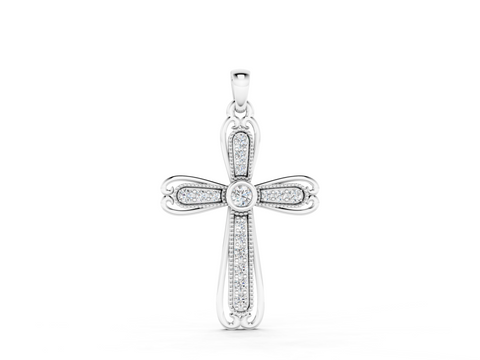 White gold Pavé Round Diamond Cross Pendant with Bezel Setting