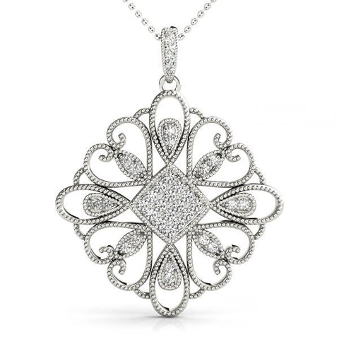 Silver Pavé Round Diamond Filigree Pendant with Milgrain Detail