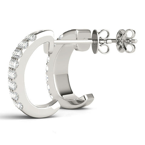Silver Pavé Round Diamond Hoop Earrings with Four-Prong Setting