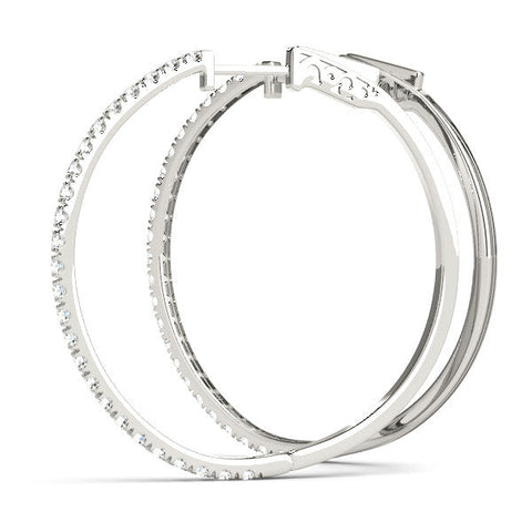 Silver Pavé Round Diamond Hoop Earrings with Hinged Snap Closure