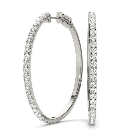 Silver Pavé Round Diamond Hoop Earrings with Hinged Snap Closure