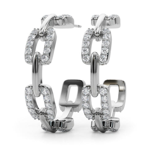 Silver Pavé Round Diamond Link Hoop Earrings with Prong Setting