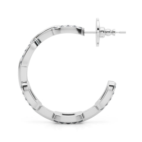 Silver Pavé Round Diamond Link Hoop Earrings with Prong Setting