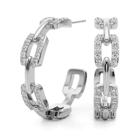 Silver Pavé Round Diamond Link Hoop Earrings with Prong Setting