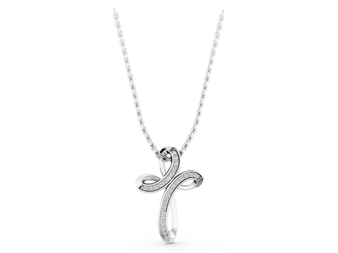 White gold Pavé Round Diamond Prong Cross Pendant