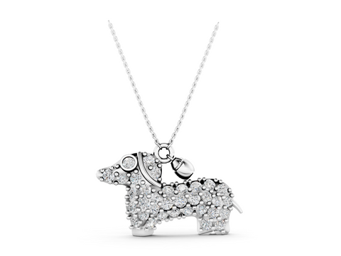 White gold Pavé Round Diamond Prong-Set Dachshund Pendant