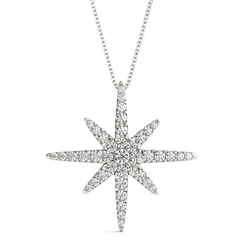 Silver Pavé Round Diamond Starburst Pendant with Four-Prong Setting