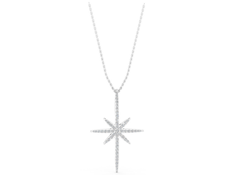 White gold Pavé Round Diamond Starburst Pendant with Prong Setting