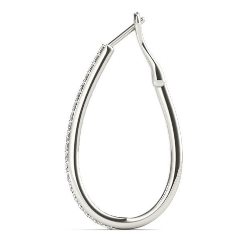 Silver Pavé Round Diamond Teardrop Hoop Earrings with Hidden Hinged Setting